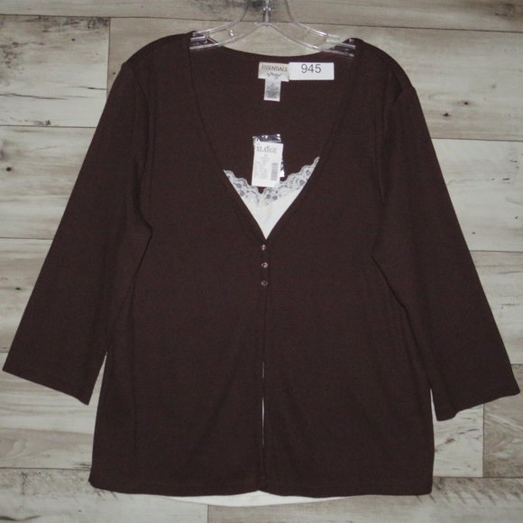 Essentials* Women's 3/4 Sleeve V-Neck Straight Hem Pullover Lace Blouse~ Size XL - Picture 1 of 15